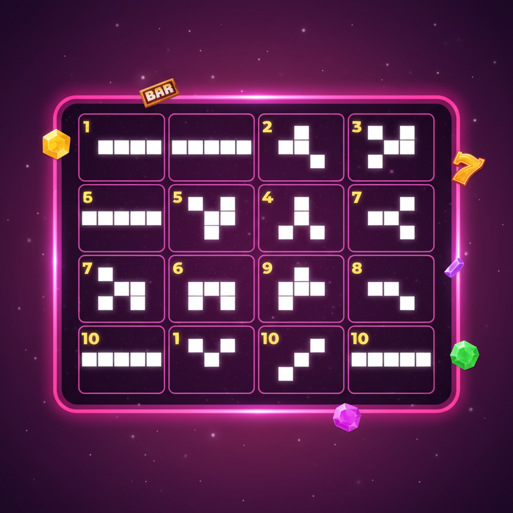 Starburst slot diagram showing all 10 fixed payline patterns on the 5x3 reel grid, numbered 1 through 10 with highlighted active positions