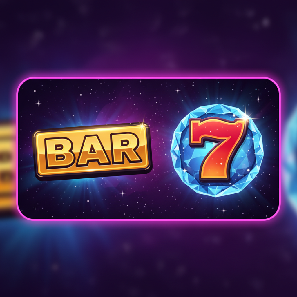 Starburst high-value symbols: golden metallic BAR symbol paying 250x and Lucky Seven with red-orange gradient and blue crystal frame paying 120x
