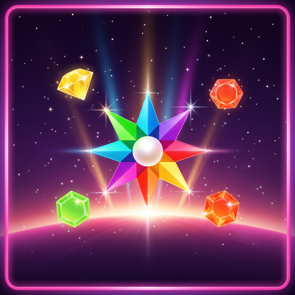 Starburst slot cosmic theme featuring a deep space purple background with glowing gem symbols and twinkling stars