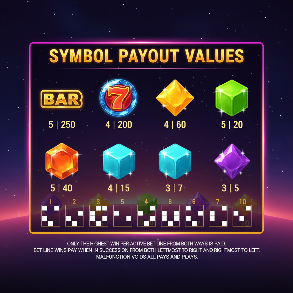 Starburst slot full paytable showing all seven gem symbols with their payout multipliers for 3, 4 and 5 matching symbols