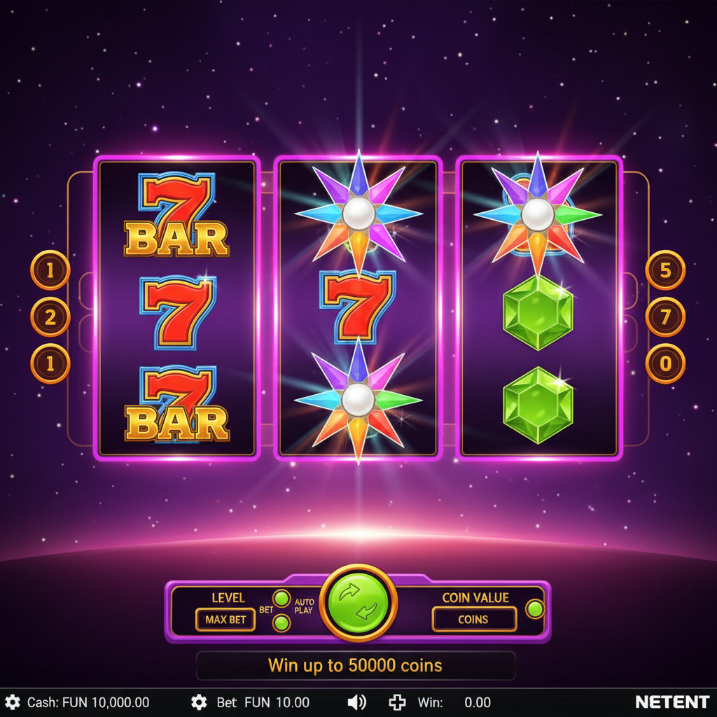 Starburst slot showing maximum wild expansion with all three centre reels (2, 3 and 4) fully covered by Starburst Wild symbols