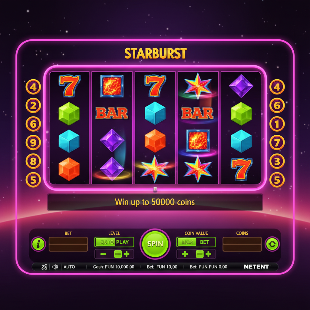 Starburst NetEnt slot full game interface showing 5x3 reel grid with gem symbols, payline indicators on both sides and the green control panel